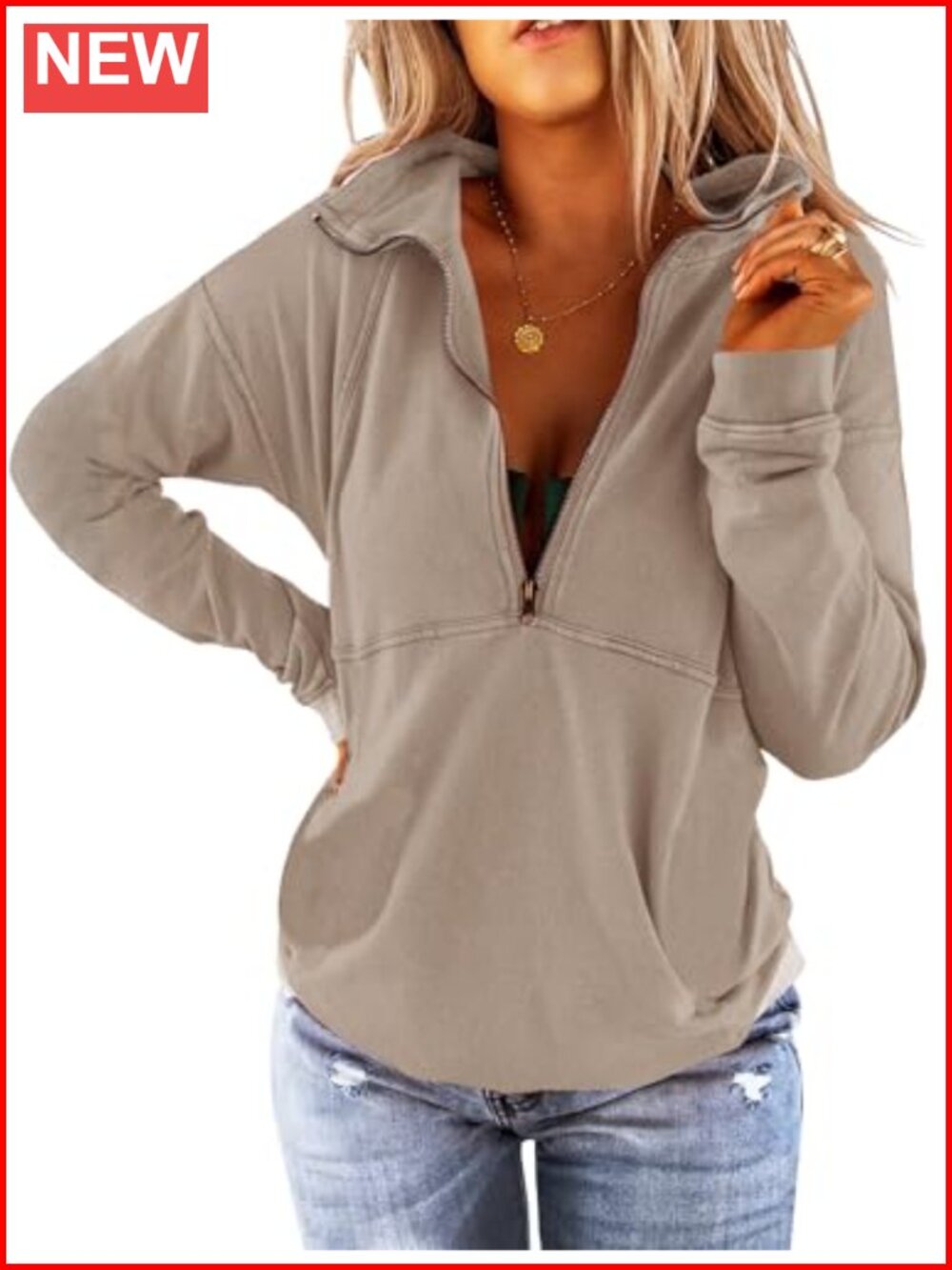 Women's Loose Fit Half Zip Lapel Long Sleeve Pullover Sweatshirt Casual Top